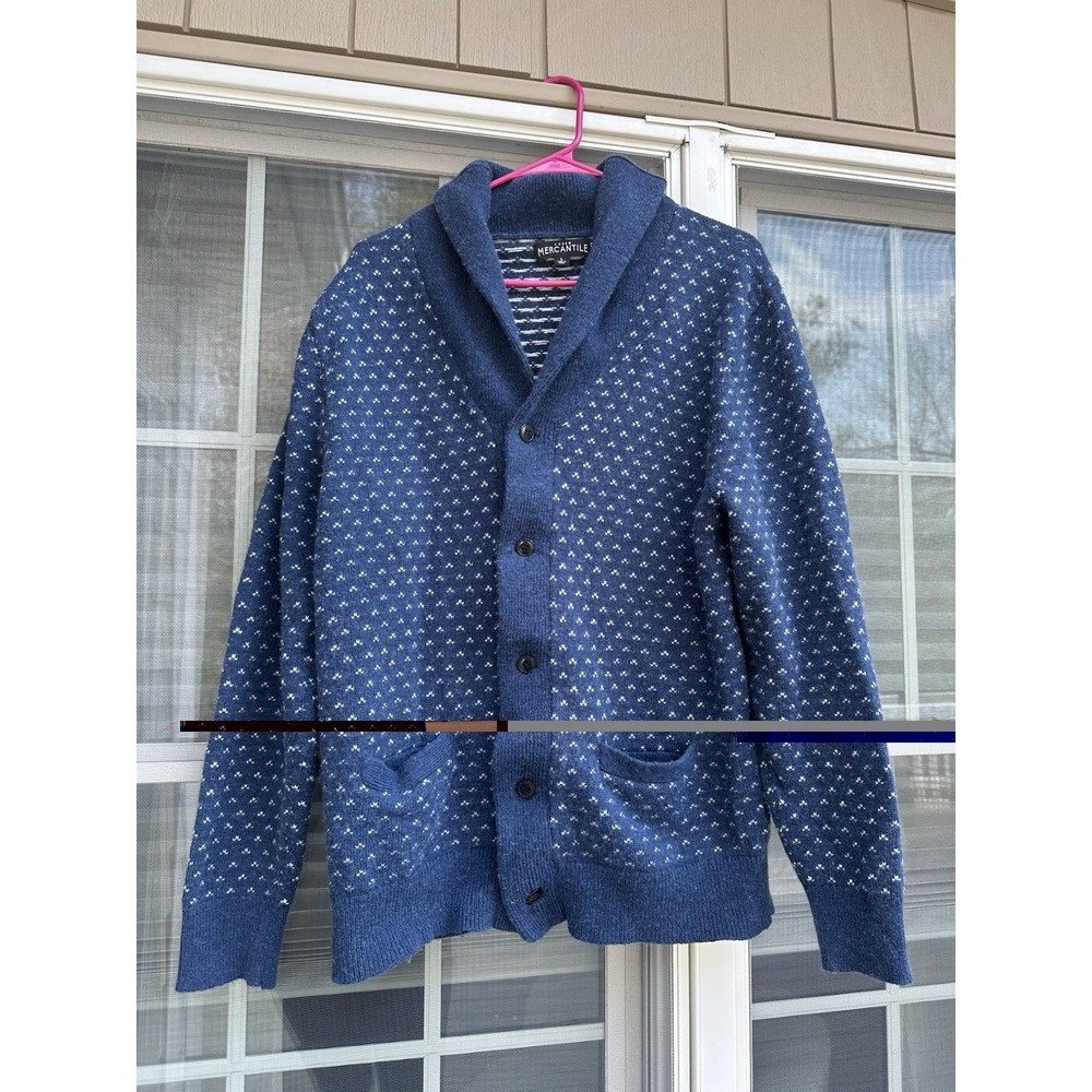 J. Crew Mercantile Lambs Wool Cardigan Sweater Men's Blue Bird's Eye Grandpa L
